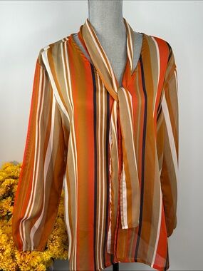 CW Classics Made in India Women's Striped Tie-Neck Blouse - Orange Stripe